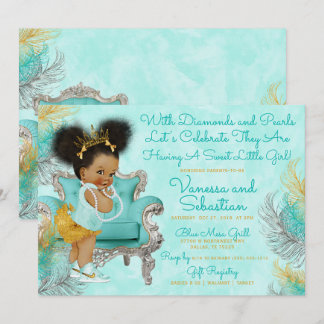 Turquoise Gold Feather Baby shower Kaart