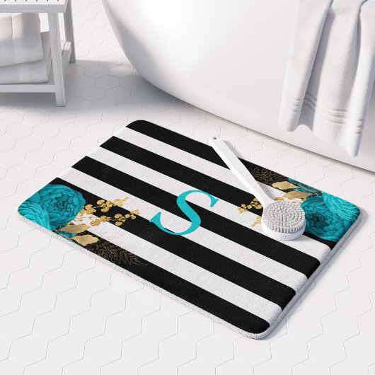 Turquoise Gold Floral Monogram Black White Stripes Badmat