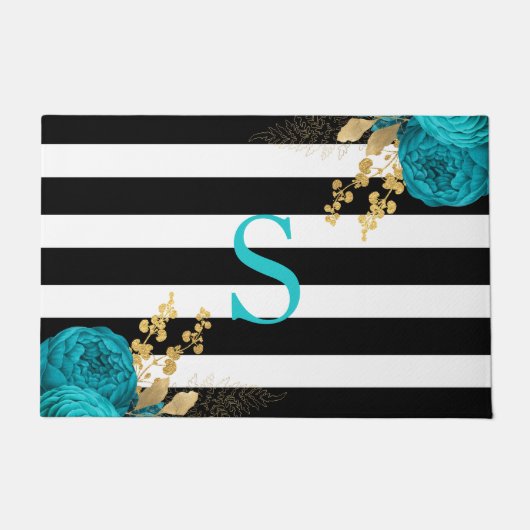 Turquoise Gold Floral Monogram Black White Stripes Deurmat (Voorkant)