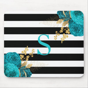 Turquoise Gold Floral Monogram Black White Stripes Muismat