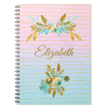Turquoise & Gold Floral Personalized Notebook