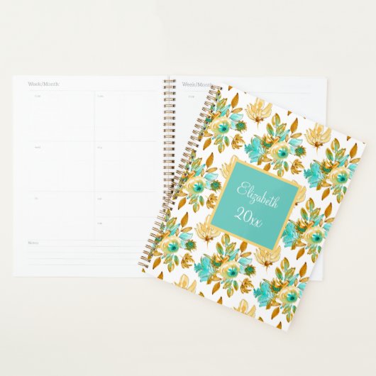 Turquoise & Gold Floral Personalized Planner (Display)