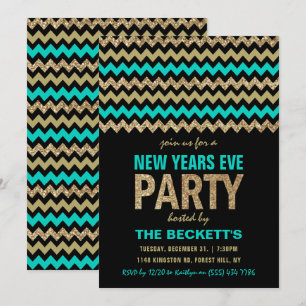 Turquoise & Gold Glitter Chevron New Years Party Kaart