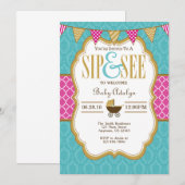 Turquoise Gold Hot rose Sip Et Voir Invitation (Devant / Derrière)