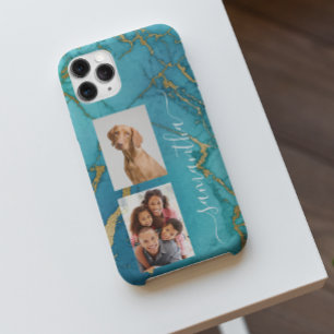 Turquoise Gold Marble Stone Monogram Foto iPhone 12 Hoesje