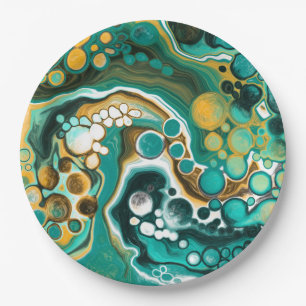 Turquoise, Gold, marmer Fluid Art Papieren Bordje