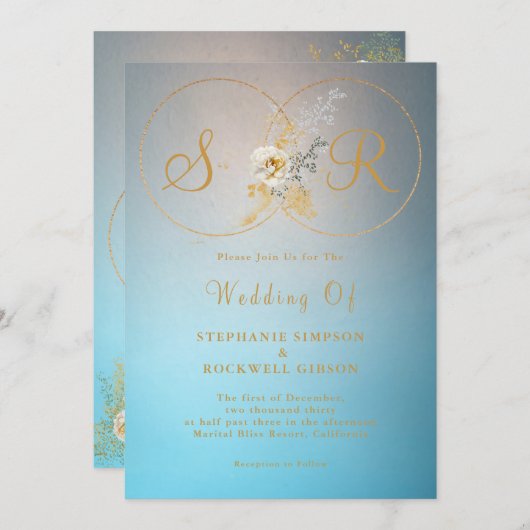 Turquoise Gold Monogram Wedding Kaart (Voorkant / Achterkant)