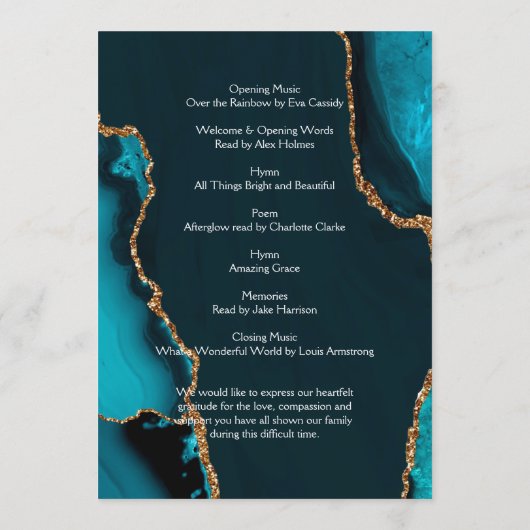 Turquoise & Gold Order of Service Programma (Achterkant)