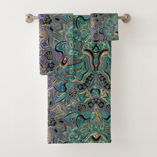 Turquoise Gold Paars en Black Mandala Towel Set Bad Handdoek (Insitu)