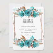  Turquoise Gold Peony Geometric Wedding Inv Kaart (Voorkant)
