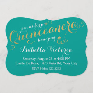 Turquoise & Gold Script Quinceanera Kaart