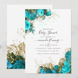 Turquoise & Gold  Shabby Floral Baby shower Kaart