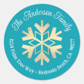 Turquoise Gold Snowflake Modern Simple Address Ronde Sticker (Voorkant)