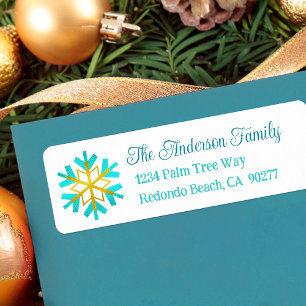 Turquoise Gold Snowflake Simple Modern Address Etiket