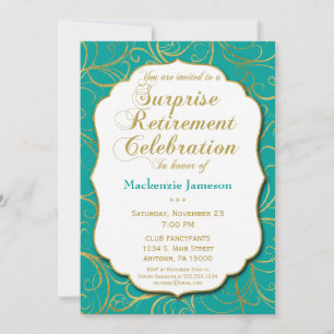 Turquoise Gold Swirl Surprise Retirement Invite Kaart