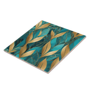 Turquoise Gold Trendy Boho Leaves Collectie Tegeltje