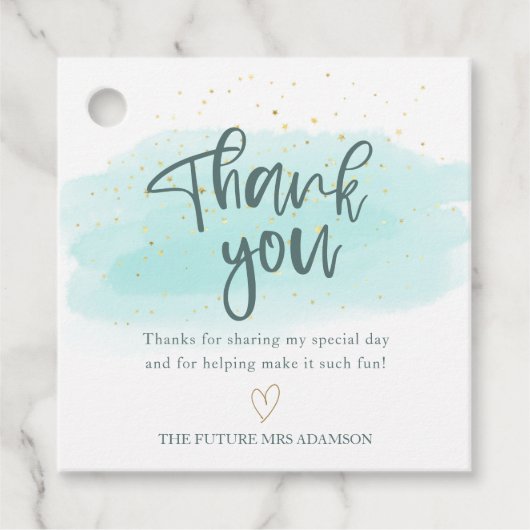 Turquoise Gold Waterverf Vrijgezellenfeest Harteli Bedankjes Labels (Voorkant)