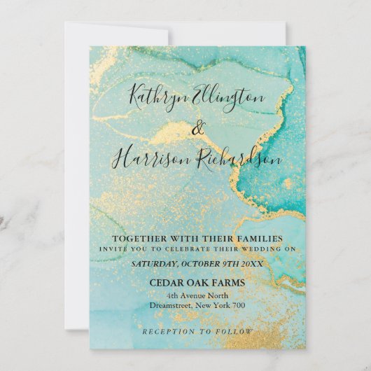 Turquoise Gold Waterverf Wedding Invitation Kaart (Voorkant)