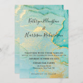 Turquoise Gold Waterverf Wedding Invitation Kaart (Voorkant / Achterkant)