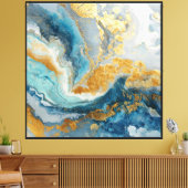 Turquoise Gold Wave – Art mural abstrait fluide (Insitu(Salon))