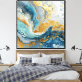 Turquoise Gold Wave – Art mural abstrait fluide (Insitu(Chambre))