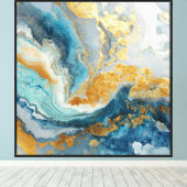 Turquoise Gold Wave – Art mural abstrait fluide (Insitu (Plancher de Bois))