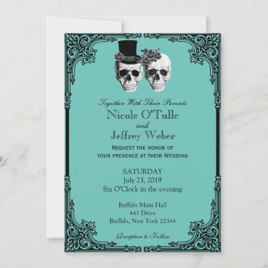 Turquoise Goth Sugar Skull Faire-part de mariage (Devant)