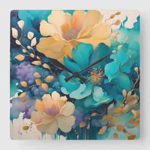 Turquoise Goud Paars Navy Waterverf Bloemen Vierkante Klok