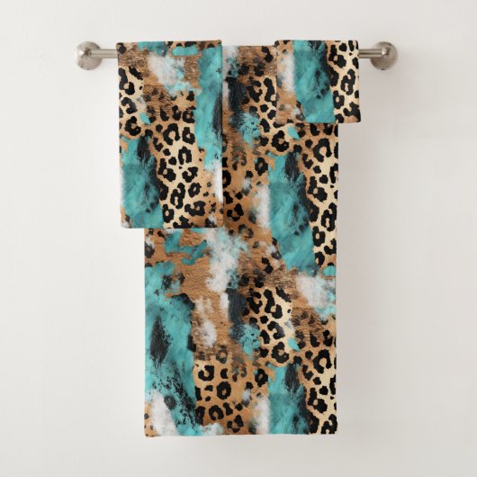 Turquoise Goud Zwart Luipaard Bad Handdoek (Insitu)