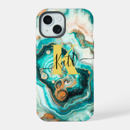 Turquoise Gouden Agaat Custom Modern Monogram iPhone 15 Hoesje