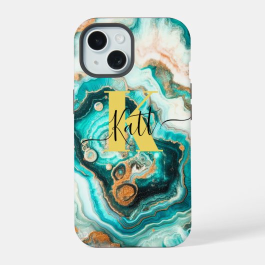 Turquoise Gouden Agaat Custom Modern Monogram iPhone 15 Hoesje (Achterkant)