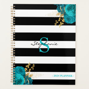 Turquoise Gouden Bloem Monogram Zwarte Strepen 202 Planner