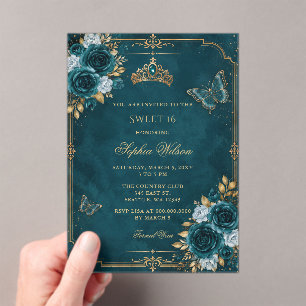 Turquoise Gouden Bloem Vlinder Sweet 16 Acryl Uitnodigingen
