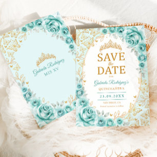 Turquoise Gouden Bloemige Quinceanera Save The Date