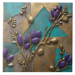 Turquoise & Gouden Bloemreliëf Kunst met Paars Tegeltje