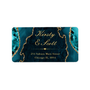 Turquoise & Gouden Glitter Agate Huwelijksadreslab Etiket