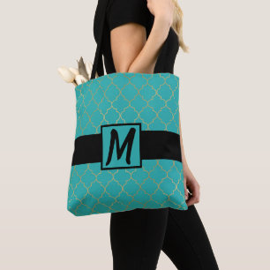 Turquoise & Gouden Klaverblad Monogram Draagtas