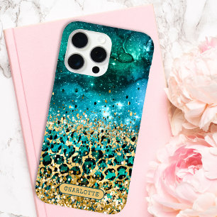 Turquoise Gouden Luipaardprint Galaxy Persoonlijk iPhone 15 Pro Max Hoesje