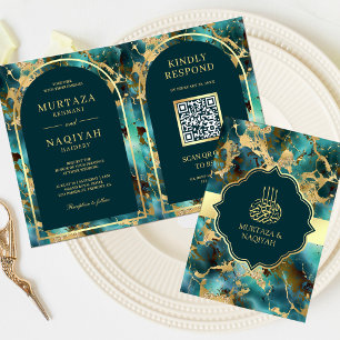 Turquoise Gouden Marmer QR Code Moslim Trouwdag