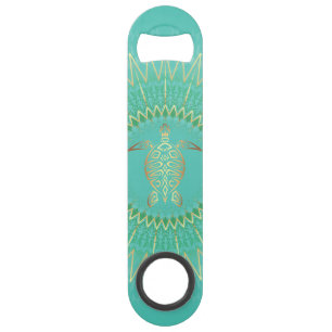 Turquoise Gouden Schildpad Stam Animalen Mandala Speed Flessenopener