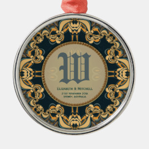 Turquoise Gouden Sierlijke Kant Monogram Aandenken Metalen Ornament