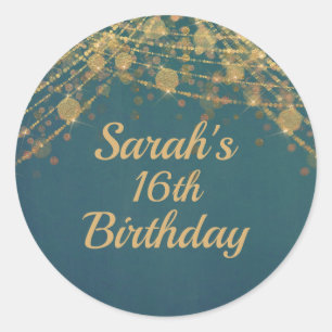 Turquoise Gouden Slingerlichten Bokeh Meisje 16e V Ronde Sticker