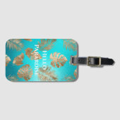 Turquoise gouden tropische bladeren bagagelabel (Voorkant (horizontaal))