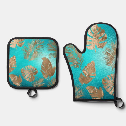 Turquoise gouden tropische bladeren ovenwant & pannenlap set (Voorkant)
