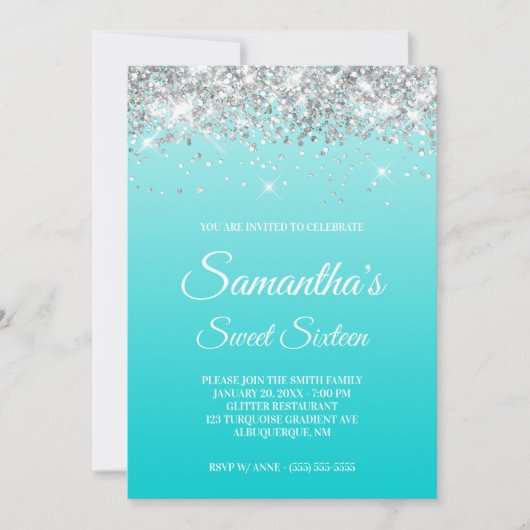 Turquoise Gradient Silver Glitter Sweet Sixteen Kaart (Voorkant)