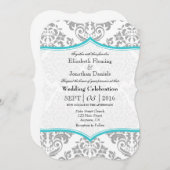 Turquoise Gray Damask Bracket Wedding Invite Kaart (Voorkant / Achterkant)