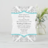 Turquoise Gray Damask Bracket Wedding Invite Kaart (Staand voorkant)