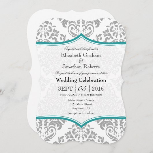 Turquoise Gray Damask Bracket Wedet Invitation (Devant / Derrière)