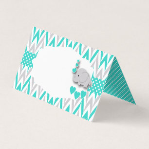 Turquoise Gray Elephant Baby shower Etikettering Visitekaartjes