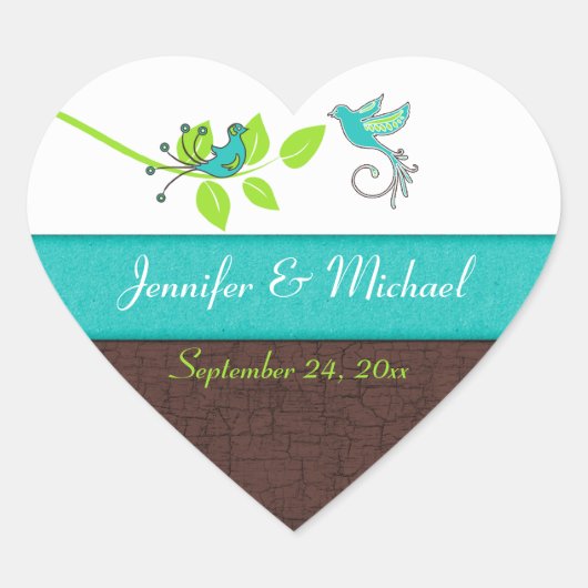 Turquoise Green Brown Floral Birds Envelope Seal Hart Sticker (Voorkant)